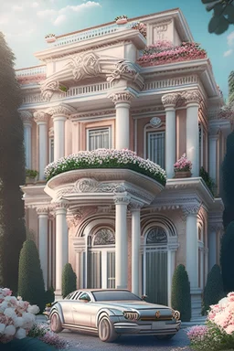 A new classic villa with decorative columns, flowers and a car, fine details
