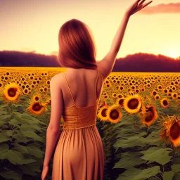 woman, back view, long brown dress, blond hair, sunflower field, sunset