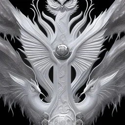 a detailed illustration of a white dragon with owl-like head, a white dragon with white owl head, realistic, detailed, dragon with fairy-like transparent glowing and sparkly wings standing in snow, silver lightning to the edges of the wings, glowing soft and smooth wings, fantasy art, highly detailed, intricate patterns on wings, shiny snowy background, soft studio lighting, foggy shiny smooth background, unreal engine, 64k