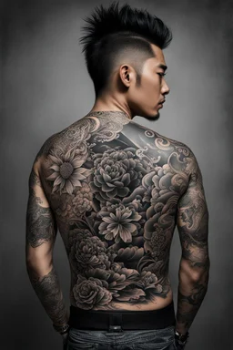 asian man with Yakuza-inspired tattoo artwork, with asian cultural elements, tattoo ink decoration, natural light, chiaroscuro technique enhancing depth and drama, high detalied, sharp focus, photorealistic concept art, asian etno punk style, masterpiece