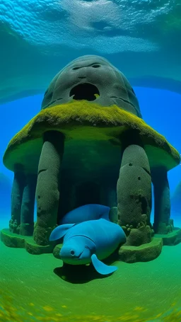 An indigo underwater temple with a whale designed in Moai statues painted by Paul Gauguin