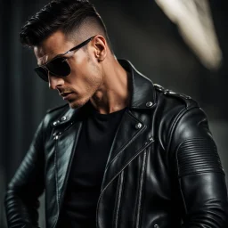 Handsome and muscular Biker wearing a leather jacket and dark sunglasses standing with his arms folded