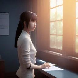 female student studying by the window, anime style, unreal engine 5, sun light, studio lighting --ar 1:1 --v 4