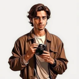 Brown haired stoic man with casual 90s clothes and a camera realistic art