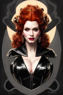 painting of christina hendricks as evil queen in black leather, feminie, angry, volouptous, busty, cleavage, emperious, mature, highly detailed, digital painting, artstation, concept art, smooth, sharp focus, illustration, art by gaston bussiere and alphonse mucha