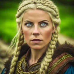 Blue eyed traditional blonde Viking woman with nature