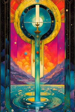 Create a chaotic abstract cubist Tarot Card depicting The Ace of Swords , in the style of Bill Sienkiewicz, Philippe Druillet, Gustav Klimt, and Jean Giraud Moebius, precisely drawn, colored and inked, with ornate bordered edges