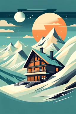 Can you create a retro ski poster of a chalet on snow covered mountains