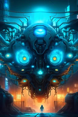 A cybernetic hive mind, cyberpunk aesthetic,glowing energies, multiple glowing eyes, dystopian city setting