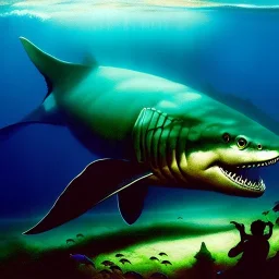 Drawing of 'Gigantic Monster Megalodon' ,underwater,by gaston bussiere, greg rutkowski, yoji shinkawa, yoshitaka amano, tsutomu nihei, donato giancola, tim hildebrandt,oil on canvas, cinematic composition, extreme detail,fit full head inside picture,16k