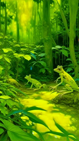A yellow rainforest with poisonous frogs painted by Vincent van Gogh