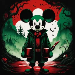 color Ink illustration by Phillipe Druilett, heavily inspired by the unsettling symbolism of Virgil Finday and Alexander Jansson, mickey mouse, red and dark_green and black color scheme dominating the artwork, grim narrative, smooth illustration, chilling Eldritch motifs, UV reactive color slashes, textured surface, ominous representation, unsettling.