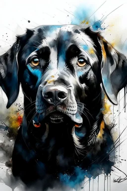 A portrait of black Labrador by Willem Haenraets, watercolor, wet on wet and splattering techniques, centered, perfect composition, abstraction, surrealism