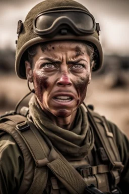 a beautiful American woman soldier with ferocious expression fighting in war field