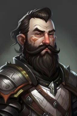 DnD, halfling, male, cleric, beard, epic armor, black undercut, realistic portrait