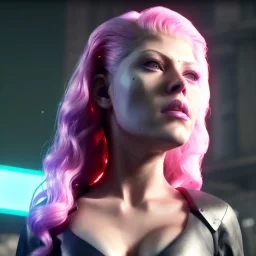 Actress, young Katheryn Winnick, android woman, gold tees, circuits in face, glow painted face, shaved hair, ghost in the shell, leather coat, elastic bodysuit, cyber punk, neon ambient, army, bamboo, blood, portrait, gradient background, unreal engine 5, soft color, 16 bit, god lights, ray tracing, RTX, lumen lighting, ultra deatail, volumetric lighting, 3d, finely drawn, hd.