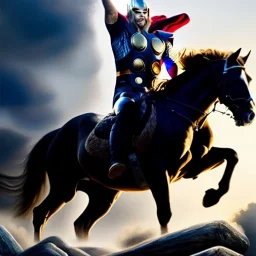 Ultra detailed fullbody Portrait in oil on canvas of Thor with asgardian armor riding a Horse,extremely detailed digital painting, extremely detailed face,crystal clear eyes, mystical colors ,perfectly centered image, perfect composition, rim light, beautiful lighting,masterpiece,8k, stunning scene, raytracing, anatomically correct, in the style of Steve Jung and robert e howard and Wizyakuza and Ohrai Noriyoshi and Simon Bisley and uncannyknack.