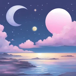 sky colored purple blue and pink and white , ocean , white moon , yellow stars