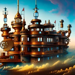 fullbody Drawing of 'sketch of steampunk Castle',intricate detail,andrea bonelli,Kilian Eng,Ohrai,evan lee,Aleksandr Sidelnikov,KyuYong Eom,three quarters frontal aerial view,toned colors,32k