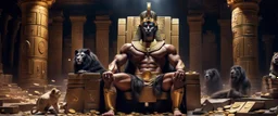 Hyper Realistic photographic-view of a Handsome Muscular Shirtless Robotic Pharaoh with sitting on his throne with his Black-Lion inside the ruins of his dark-pyramid with his workers golden-coins-scattered-on-the-floor & at dark night with dramatic & cinematic ambiance