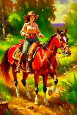 Oil painting of a cowboy and a woman riding horses