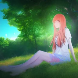 Insanely portrait of beautiful day girl, beautiful face, sunny, relaxing, sea, trees, real details, hyper photo realistic, anime style, glowing forest, 8k