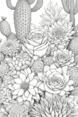 outline art for coloring pages with floral cactus and flowers, and a white background, only use an outline, no shadows, and clear and well-outlined