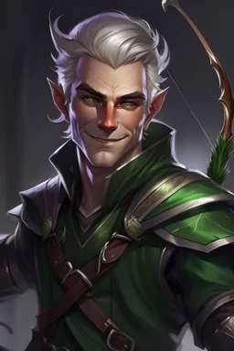 Portrait of male rogue elf, mauve hair, bright green eyes, disheveled, smiling, bow and arrow, black leather armor