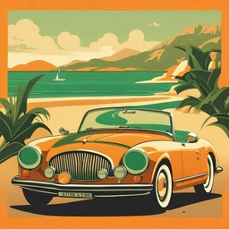 Dark green vintage car chic design beige interior leather seat orange topstitching open roof in front of the sea sunny weather
