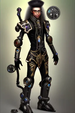 black skinned male elf with long white hair wearing a steampunk exoskeleton powered by gears, in fantasy style