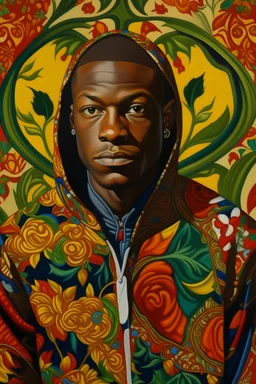 create a simple art painting inspired by Kehinde Wiley wear hoody do not show the face
