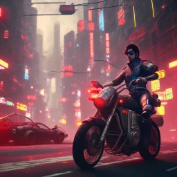 cyberpunk far way man in kaneda bike, highly detailed global illumination, detailed and intricate environment