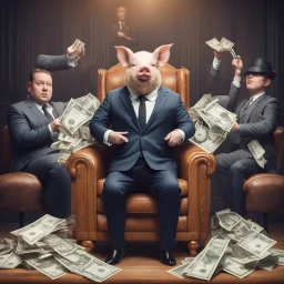 rich pig in suit on a throne making stacks of money by making a deal with a buisnessman. background of musicians