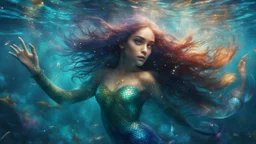 mermaid, beautiful eyes, dancing underwater, scales, double exposure, glare, sparkles, clear lines, detail, fine rendering, high resolution, 64K, photorealism, precise focus, digital painting,