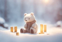 cute chibi bear sadly counting his money and golden coins in winter, snowy scene in sunshine, ethereal, cinematic postprocessing, bokeh, dof