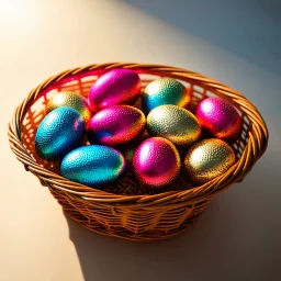 digital photograph of off-center modern basket colorful Easter eggs. eggs display intricate textures in azure, emerald, blush,red, crimson,gold, sapphire,metallic cinematic HDR backlighting highlights subtle dimples and glossy reflections, with shallow depth of field softening the sunlit background. hyperrealistic 8k resolution,