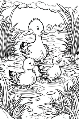 Little cute ducklings follow their mom to the pond on the farm, pixar style, clean vector graphics, coloring book, black and white