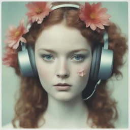 Futuristic Polaroid head shot of lily cole,she has freckles on her face, hair adorned with strange flowers, red cheeks and nose, headphone