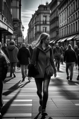 woman in the midle of a peatonal walk in e great city; behind her, unfocaused, other people walking, realism, black and white