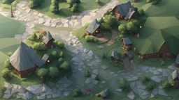 hobbits village view from above, warm daylight summer time low poly cartoon 3D style