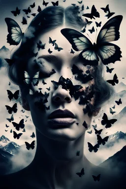 Double exposure image, facing the camera close up a closed eyes fade face woman portrait with half face made many black butterfly,, many black butterflies explosed in front of forehead and flying around and swirl on air, high mountains silouttes, pale monn, deep fade colors, soft lines, surreal, nightmare, melting painted, dramatic shadows, dark mood , fog, dark fantasy, dreamlike atmosphere.