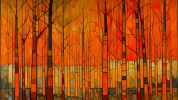 An orange color forest in a lightning storm painted by Piet Mondrian