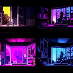 comicbook, duel panels, cartoonish colors, in the left panel, a tv plays breaking news, (in the right panel, a tv plays breaking news,(side angle view:1.2)of the tv), background is a haunting dimly lit, decrepit room.The atmosphere should be chilling, with shadows and decay adding to the eerie ambiance, vibrant palette, volumetric lighting