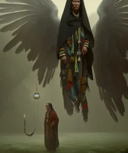 native american shaman, wizard doctor, long black hair, black hooded coat like wings, 8k resolution concept art portrait by Greg Rutkowski