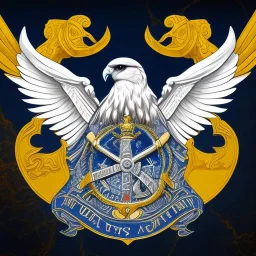 Fantasy setting, coat of arms with a kestrel holding a black anchor in its talons, encircled by a navy blue ring and a yellow half circle shape above it.