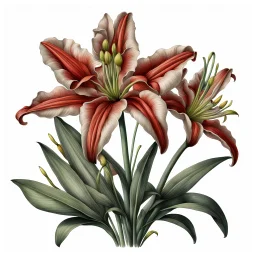 Western Red Lily botanical illustration on white background, natural color, vignette