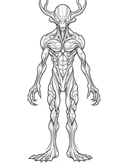 real massive Alien coloring page, full body (((((white background))))), only use an outline., real style, line art, white color, clean line art, white background, Sketch style.