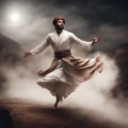 Hyper Realistic young handsome muscular Sufi Whirling with brown & white, Islamic Sufi Rustic Grungy on mountain at night with thick fog & nightly ambiance