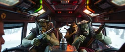 orcs inside a stunt buss