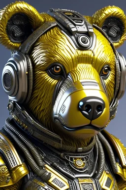 3D Portrait of a cyborg bear in natural colours wearing futuristic face armor in realistic fantasy